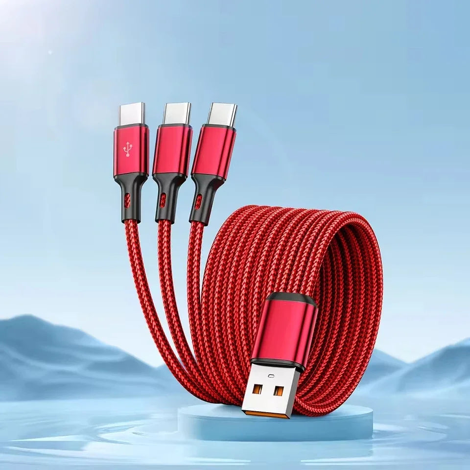 3 In 1 100W 6A USB-A to 3 ×Type-C Fast Charging Data Cable