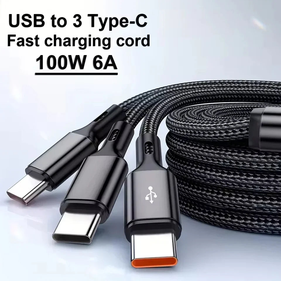 3 In 1 100W 6A USB-A to 3 ×Type-C Fast Charging Data Cable