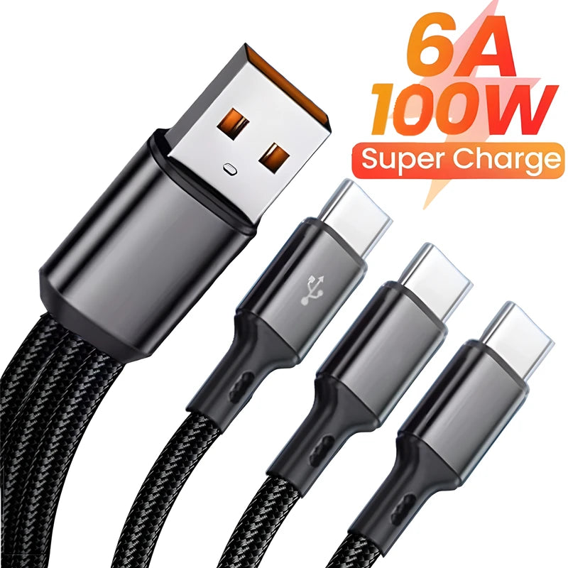 3 In 1 100W 6A USB-A to 3 ×Type-C Fast Charging Data Cable
