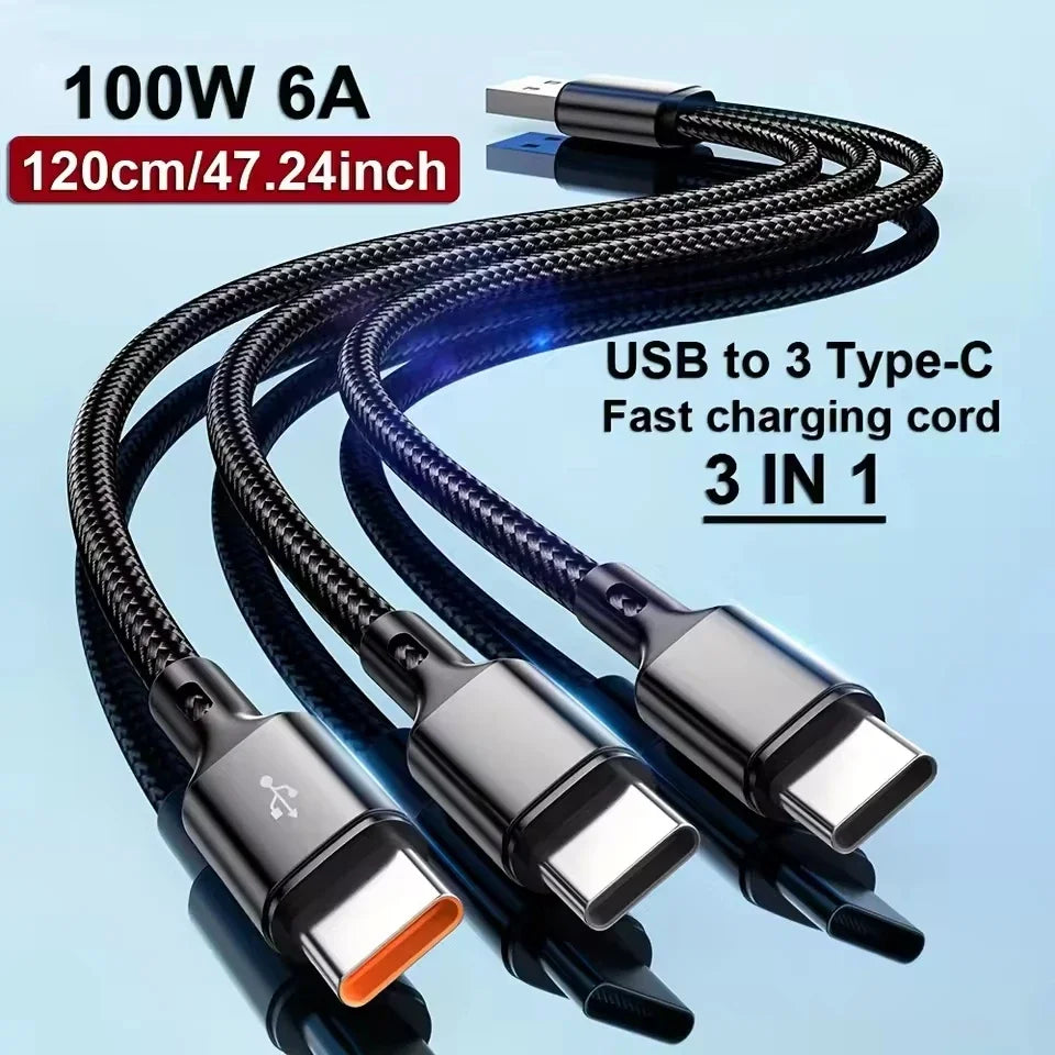 3 In 1 100W 6A USB-A to 3 ×Type-C Fast Charging Data Cable