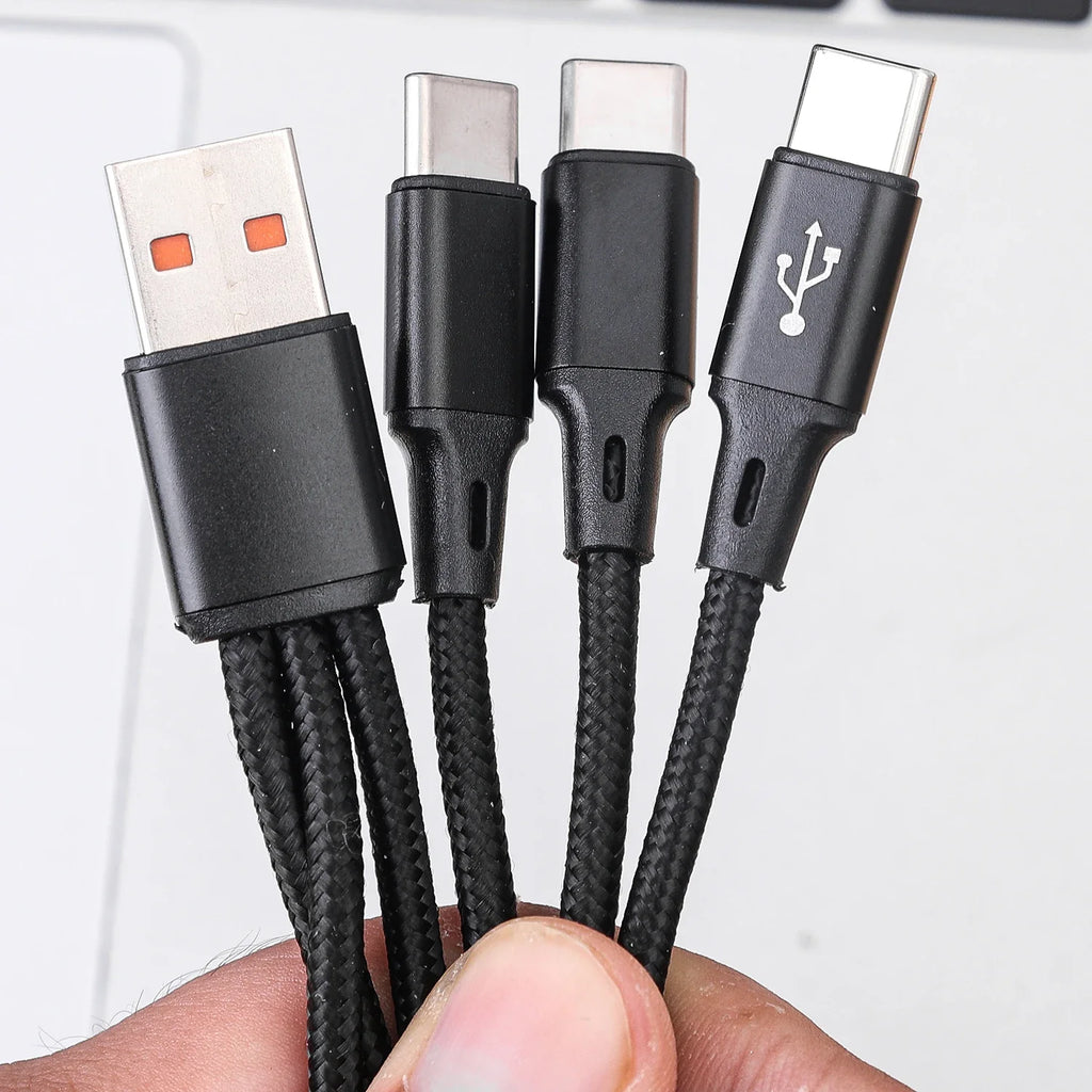3 In 1 100W 6A USB-A to 3 ×Type-C Fast Charging Data Cable