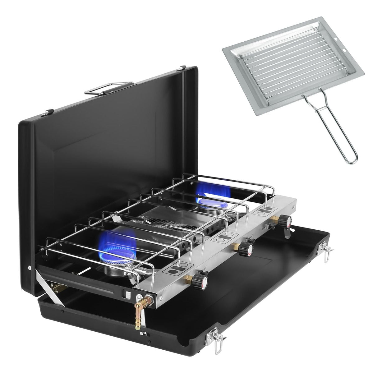 3-Burner Portable Propane Camping Stove with Windshield & Toast Tray